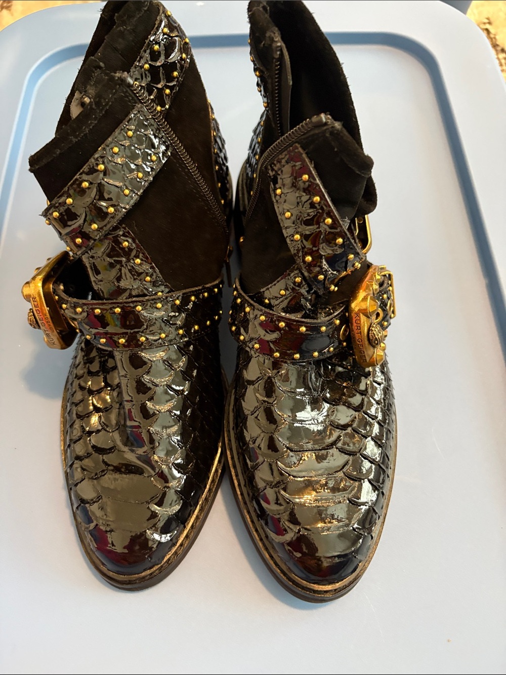 Kurt Geiger Black Patent Scaled Ankle Booties with Gold Buckle